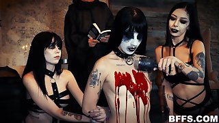 Satanic lesbian sect arranges reverse gangbang with one alluring dude